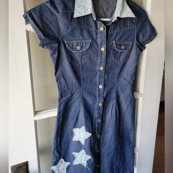 E & You Denim Mini Dress Size S Button Up Collard Short Sleeve Dress Y2K Western - Picture 4 of 11